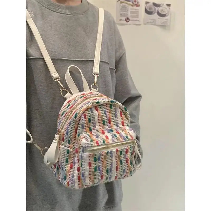 Lunivop   Rainbow Knit Backpack Women Harajuku Color Block Small Capacity Student Backpack Ladies Fashion Unique Daily Mochilas Mujer
