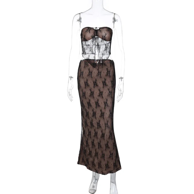 Lunivop Lace Spliced High Waist Crop Top Midi Skirt Women'S Sets Elegant 2024 Summer Evening Casual Elegant Streetwear Clothes