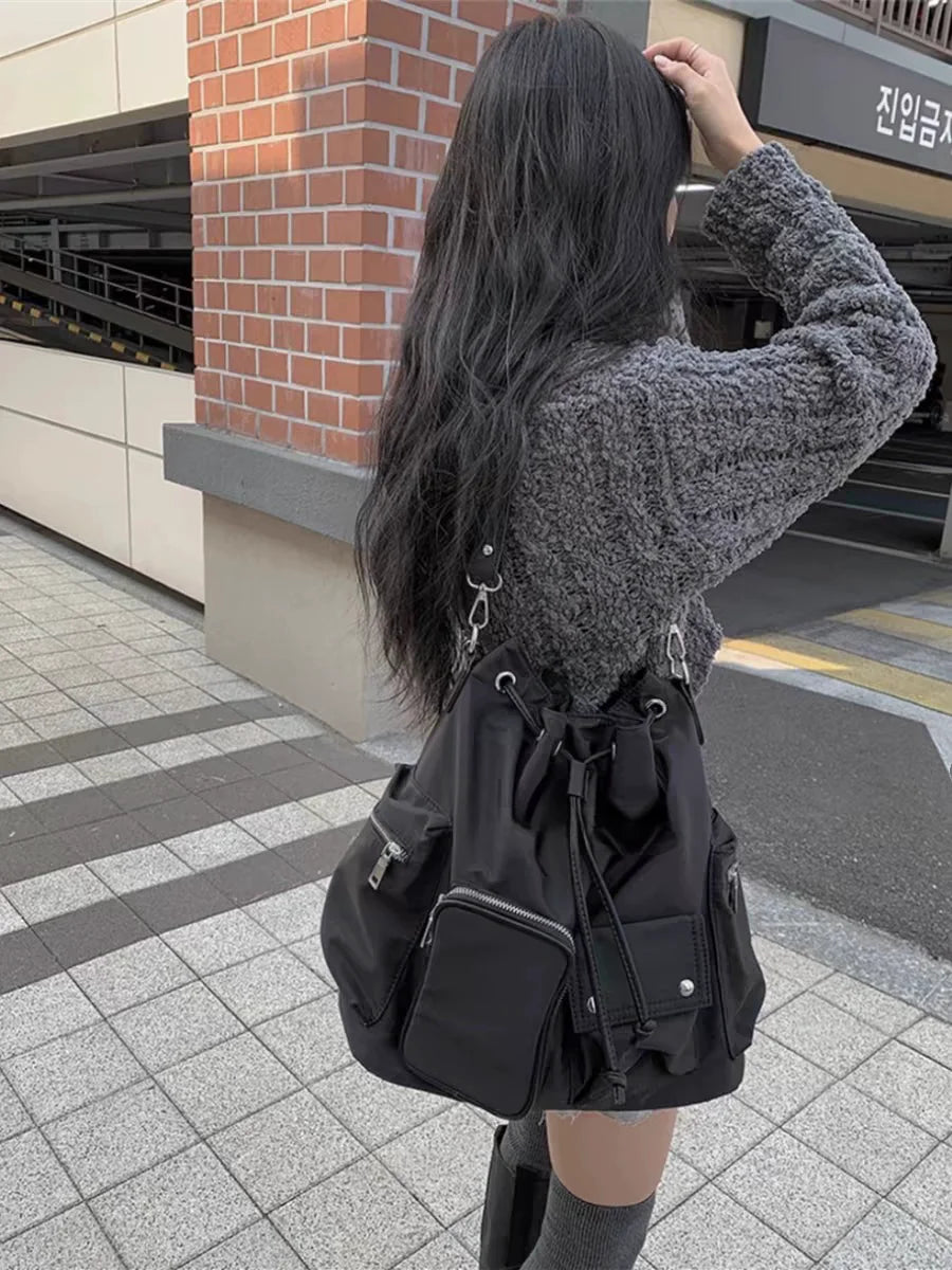 Lunivop   Korean Drawstring Black Tote Bag Women Multifunctional Large Capacity Y2k Mochilas Mujer Ladies Commuter Hot Girl Shoulder Bags