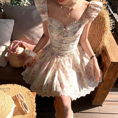 Lunivop  French Style Floral Print Mini Summer Dress Women Flying Sleeves V Neck Lace Spliced A-line Dresses Party Robe Vestidos