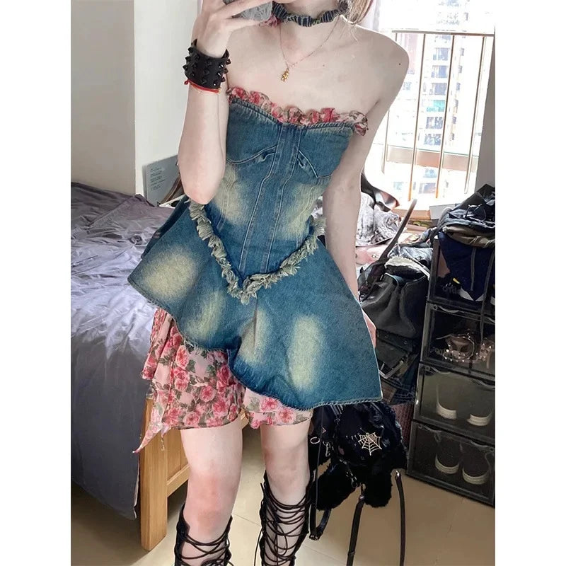 Lunivop  Retro Spicy Girl Rose Floral Patchwork Denim Dress Women's Summer New Design Waist Cinching Strapless Mini Skirt Dress