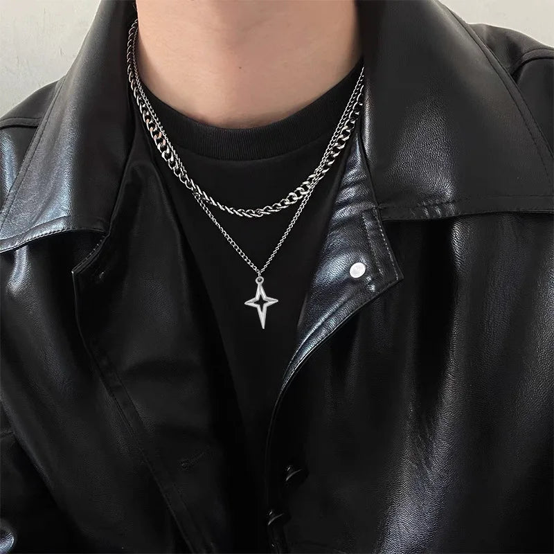 Lunivop Double Layered Cuban Star Pendant Necklace for Man Titanium Steel Hip-Hop Design Collarbone Chain Unisex Jewelry Wholesale