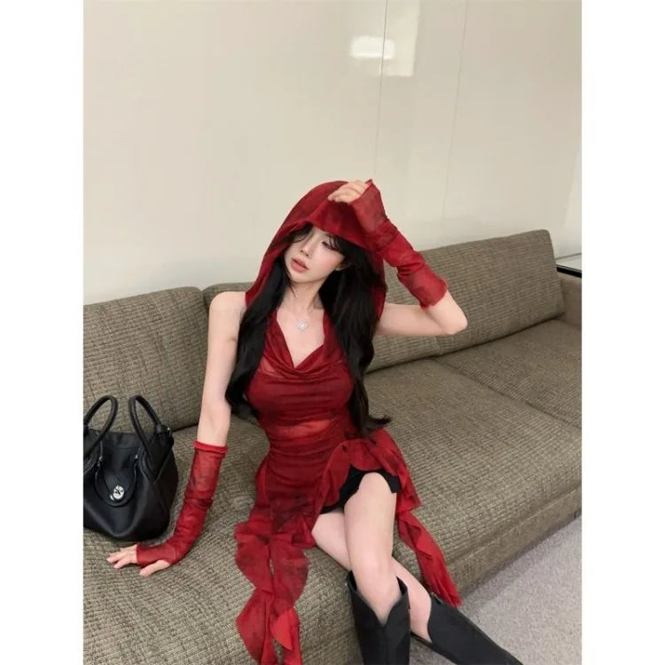 Lunivop  Y2k Ruffles Patchwork Hoodie Vest T-shirt for Women Vintage Red Bottoming Tops Mujer Sexy Irregular Slim Fit Tank Top