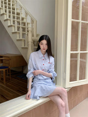 Lunivop Preppy Blue Striped Button Up Shirt Dress For Woman Fall Clothes Ruffles Tunics Mini Short Dress Youth Clothing