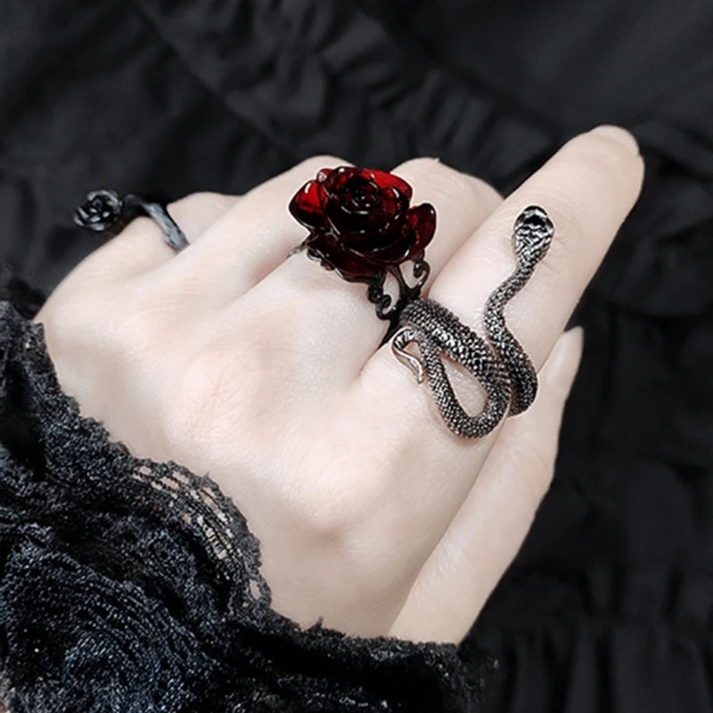 Lunivop Red Rose Gothic Victorian Rings Adjustable Finger Rings Goth Trendy Flower Open Rings Halloween Party Jewelry Wedding