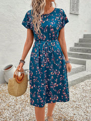 Lunivop  Women Floral Print Drawstring Waist Pocket Casual Midi Dress Summer