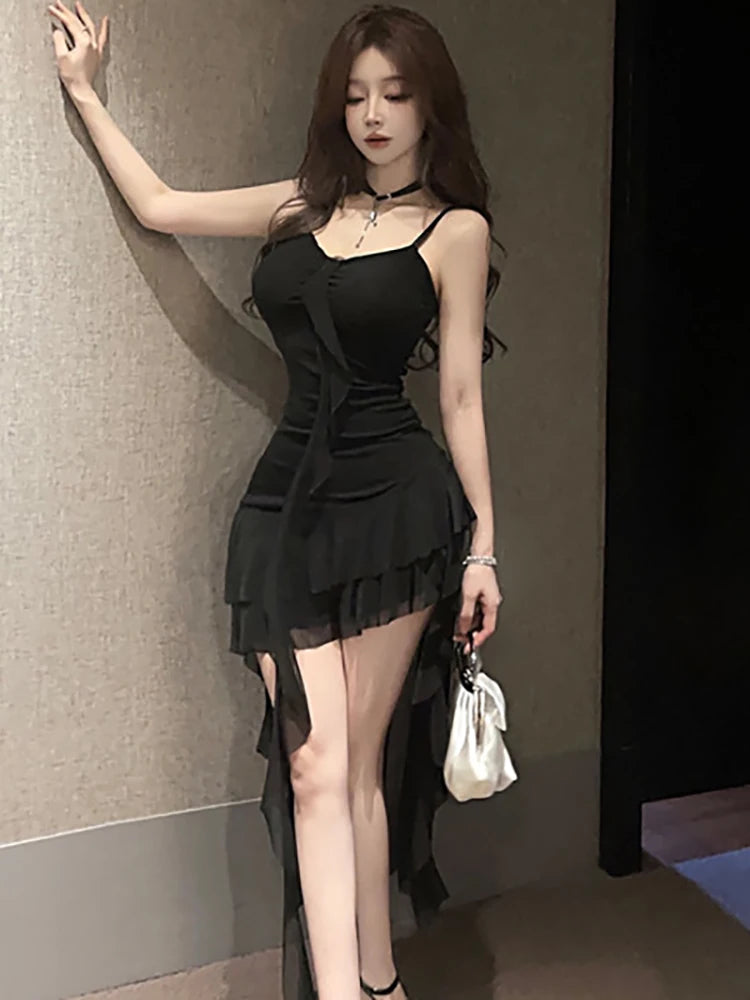 Lunivop  Black Patchwork Mesh Ruffled Sexy Club Dress Summer Pleated Bodycon Sling Dress Women Korean Vintage Hepburn Evening Dress