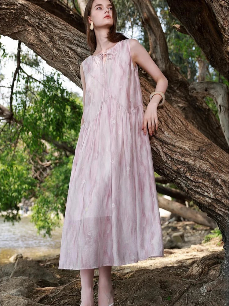 Lunivop Beach Floral Elegant Long Dress Women Casual Vintage Sweet Sleeveless Dress Summer Loose O Neck Lace Up Retro French Dress