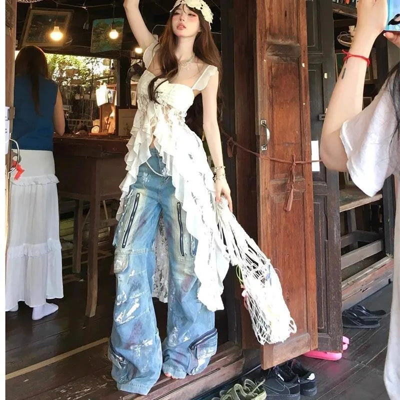 Lunivop  American Vintage Lace Strap Vest Women Summer Sleeveless T-shirts 2000s Retro Clothing Harajuku Korean Tees Design Y2k Crop Top