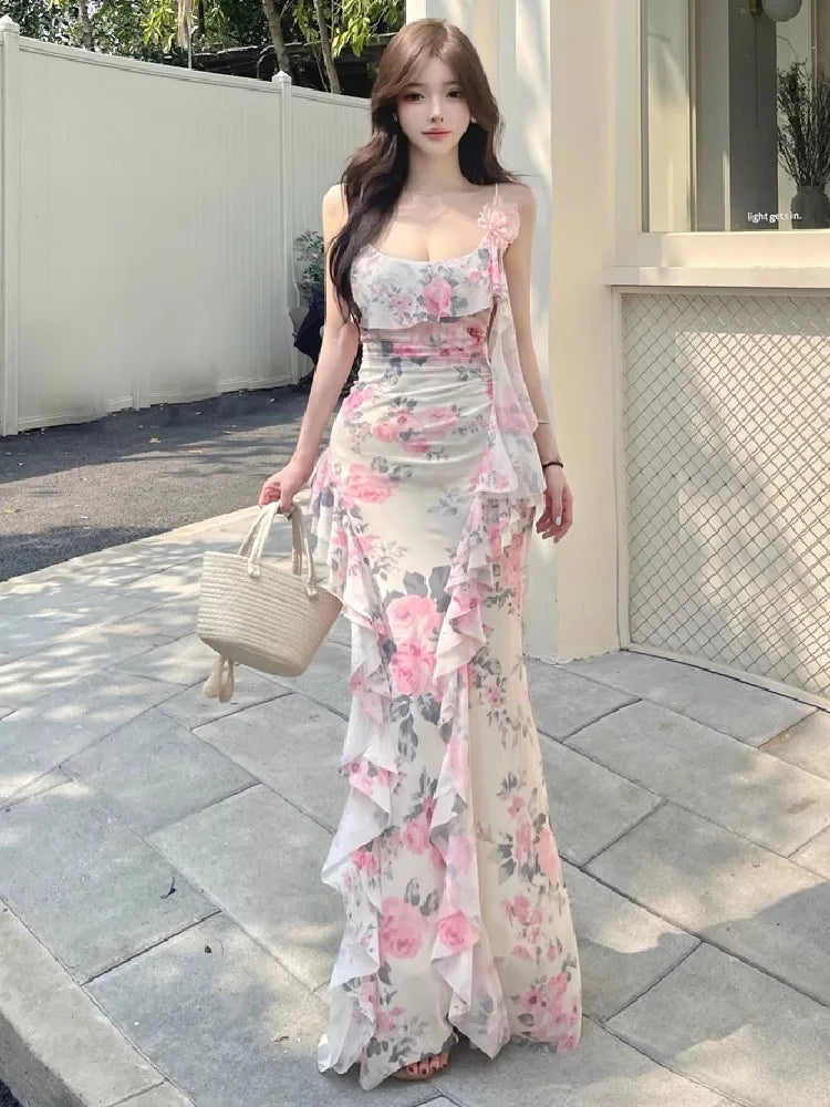 Lunivop  Women Dresses Sleeveless Slash Neck Gradient Floral Printed Mesh Patchwork Slim Vintage Elegant Party Dress Ladies