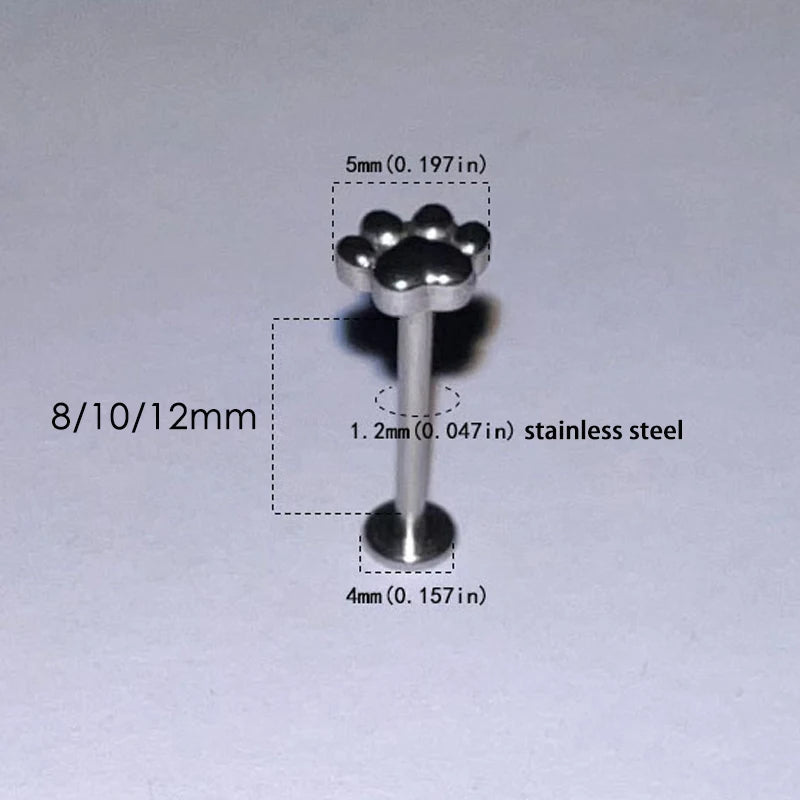 Lunivop  1pc Sweet Cute Bear Paw Lip Stud Stainless Steel Simple Labret Piercing Silver Color Cartilage Ins Fashon Body Jewelry Gifts