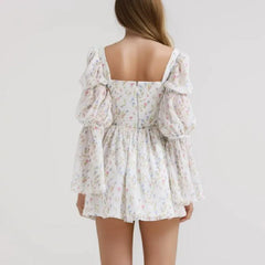 Lunivop  Women Square Collar Flower Print Lotus Root Node Full Sleeve Dress Back Zipper A-line Hem Mini Mini Holiday Robe