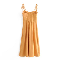 Lunivop  Sexy Solid Yellow Corset Style Bow Lacing up Strap Sling Dress Retro French Style Women Hem Slit Midi Long Dresses Holiday Robe