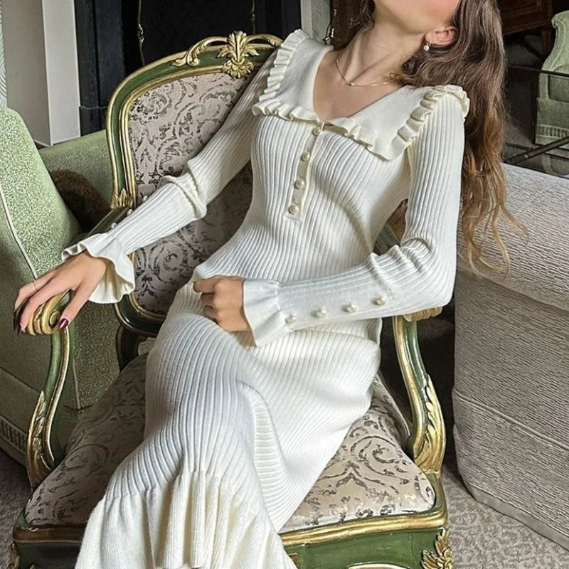 Lunivop Elegant Knitted Long Skirt Women Black Vintage Long Sleeve Party Dresses Sweet Ruffle Patchwork Sweater Maxi Dress Slim