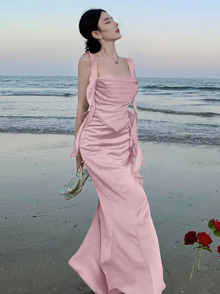 Lunivop  Sweet Pink Backless Womens Dresses Sexy Spaghetti Strap Sleeveless Wedding Evening Dress Elegant Gown Female Split Vestidos New