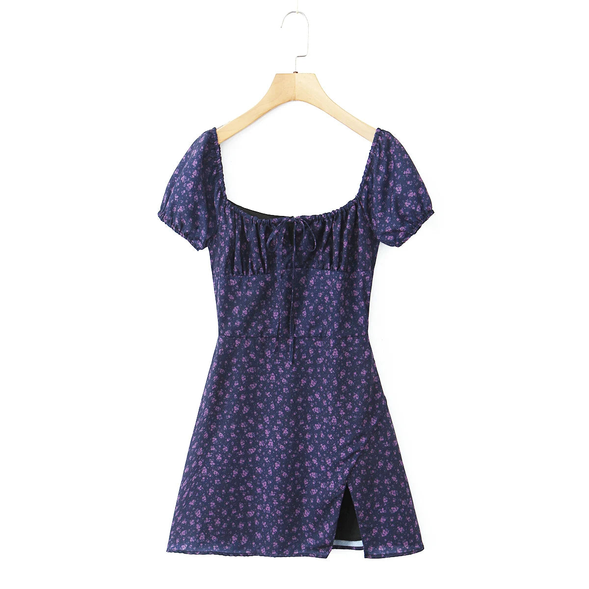 Lunivop  French Retro Black Print Bow Square Collar Short Elastic Puff Dress Women Zipper Back Slim Waist Slit Hem Mini Dresses Robe Blue