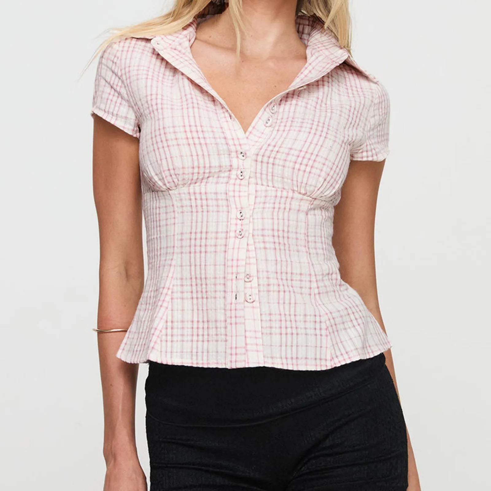 Lunivop  Women's Y2K Short Sleeve Plaid Button Down Shirt Button Down Blouses Tops Casual Summer Shirt Tops 90s Streetwear