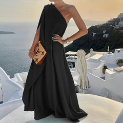 Lunivop  Women Summer Fashion One Shoulder Dress Sleeveless Solid Color Banquet Dress Loose Slash Neck Long Beach Dresses