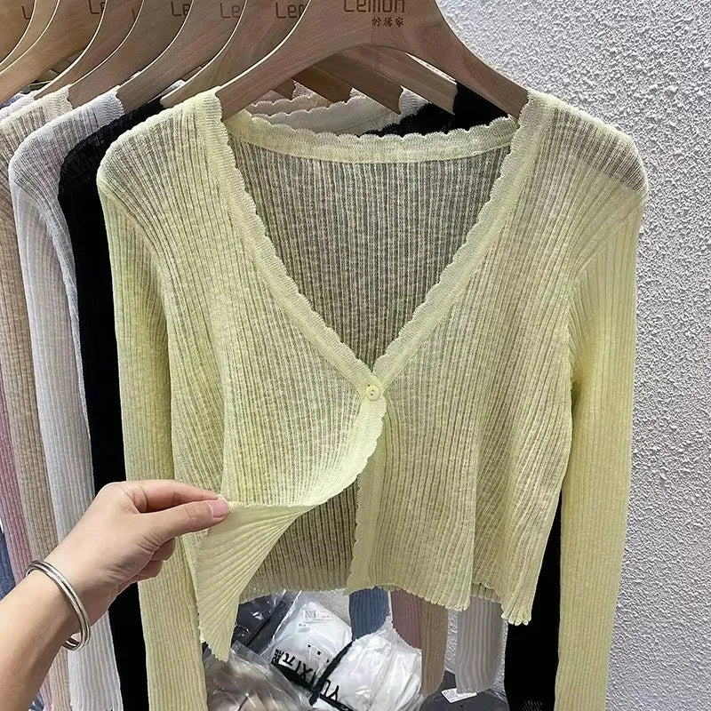 Lunivop Lightweight Sunscreen Shirt Women Crop Tops One Button Hollow Out Knit White Long Sleeve Cardigan Elegant Casual Shawl Coat