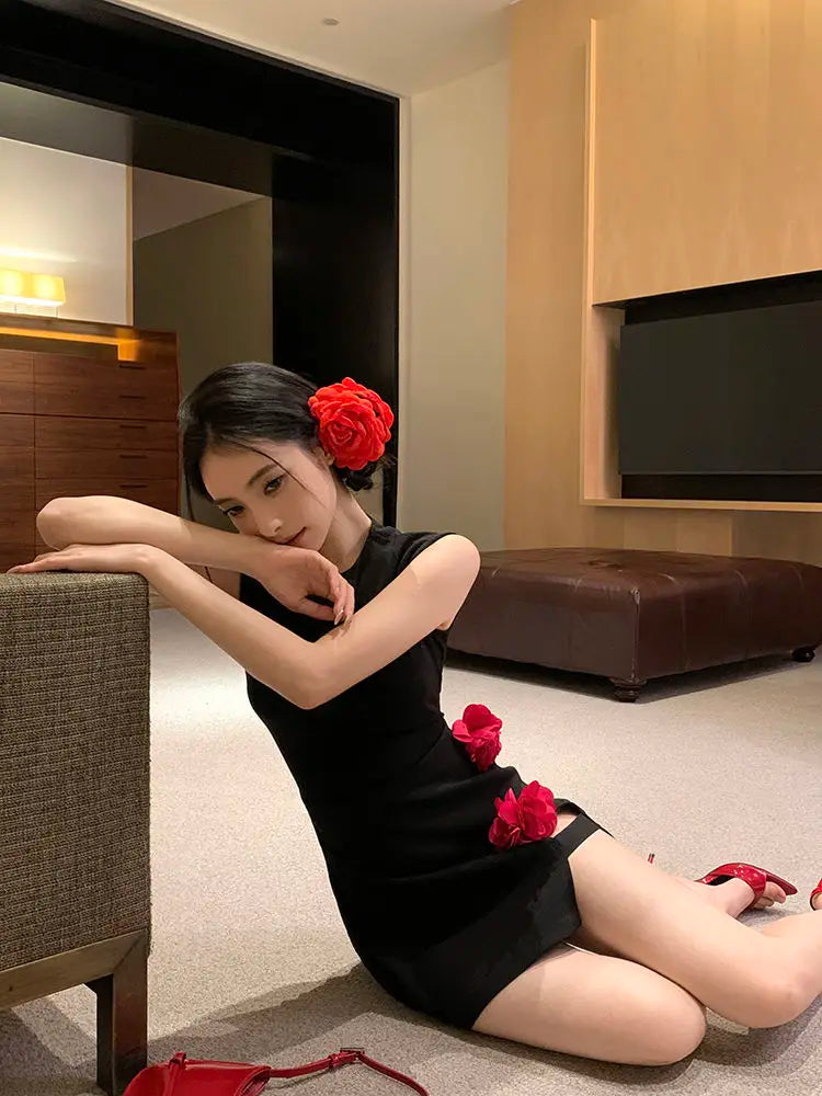 Lunivop  Woman Dress Sexy Sleeveless Flowers Slim Split Vintage Elegant Hollow Out Mini Dresses Party Female Fashion Club