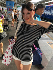 Lunivop Y2k Japanese T Shirt Women Slim Striped Off Shoulder Tee Tops Streetwear Korean Style Vintage Tops Autumn 2000s Tshirts