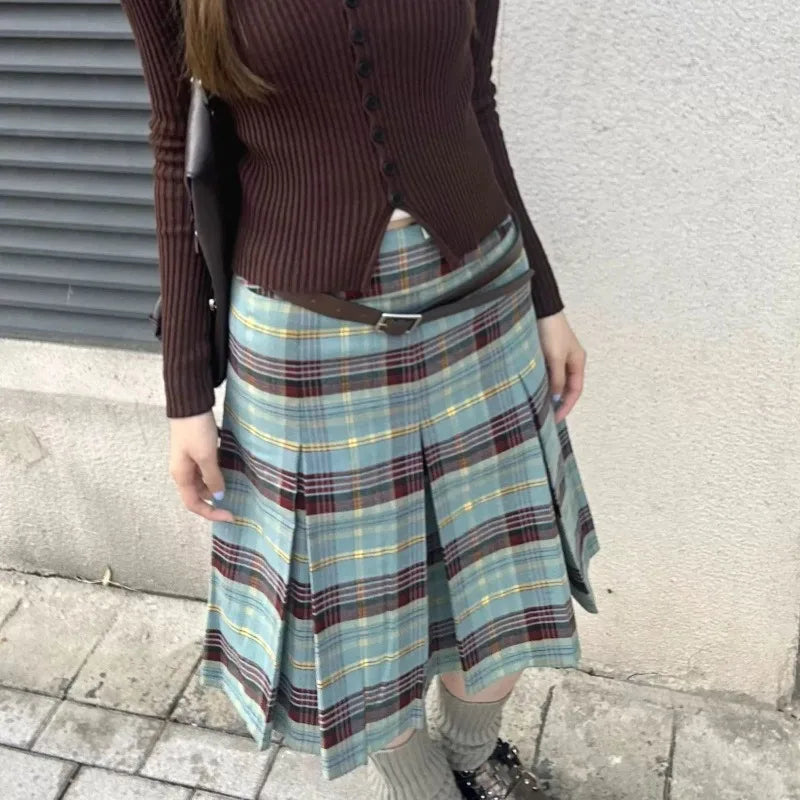 Lunivop  Y2k Elegant Vintage Plaid Ruched Skirts Summer High Waist A-line Skirt for Women New Mid-length Loose Faldas Mujer