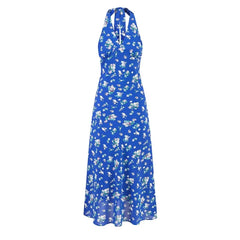 Lunivop  Sexy Blue with White Floral Print Tie Bow Halter Sling Dress Summer Woman Backless Slim Waist Midi Long Dresses Robe Holiday