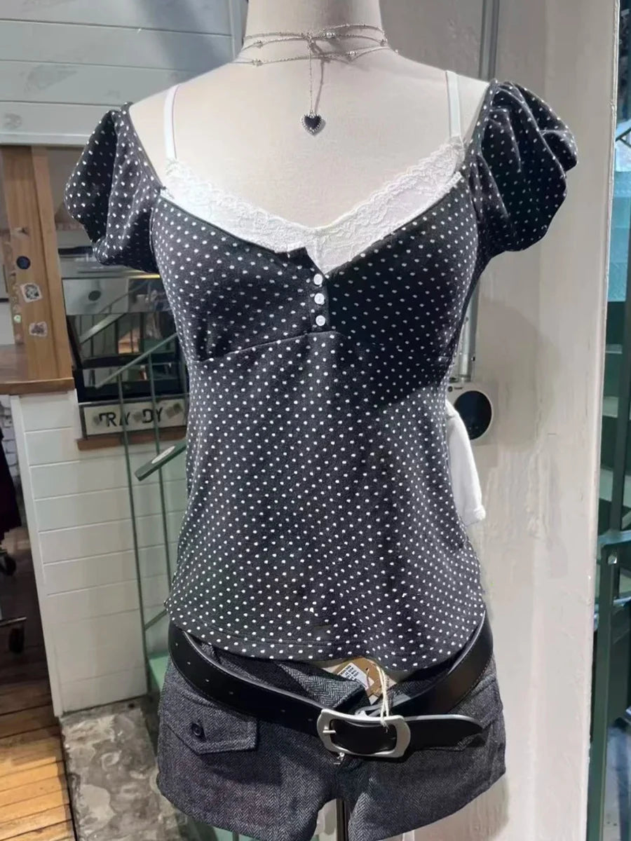 Lunivop  Polka Dot Lace Trim Square Collar T-shirts Women Retro Back Lace-up Slim Short Sleeve Tee Shirt Vintage Sweet Cute Tshirt Y2K