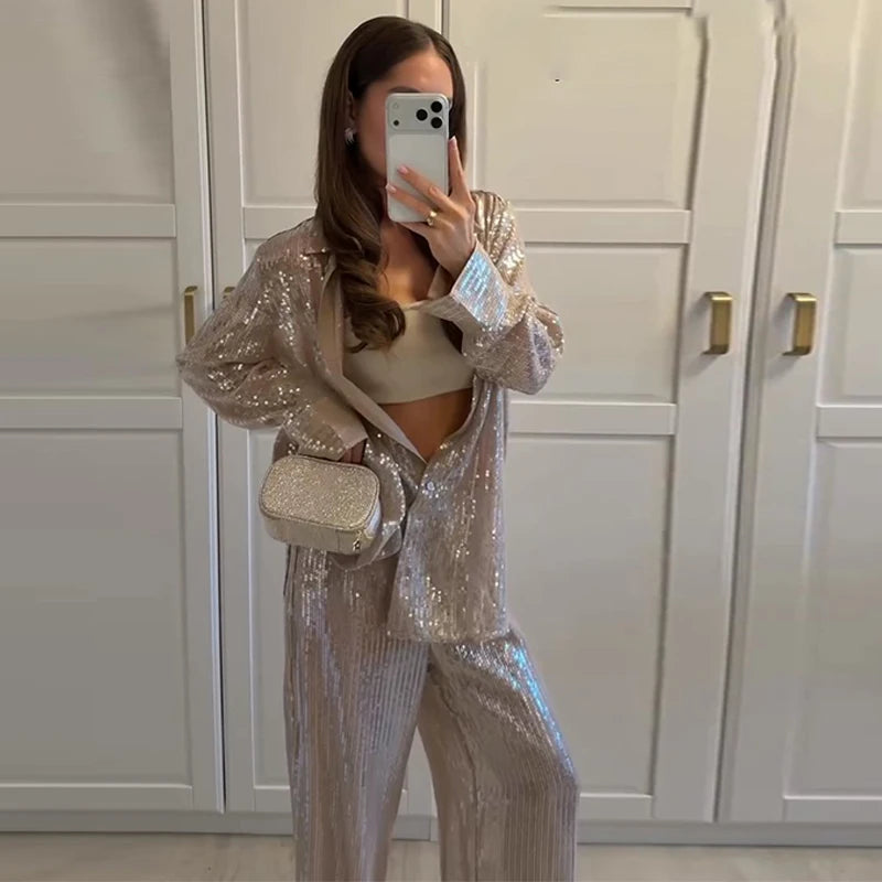 Lunivop  Women Champagne Gold Sequin Shirt & Pants Set Side Slit Blouse Wide-Leg Trousers Spring Party Outfit Fashion Glam Lady Suit