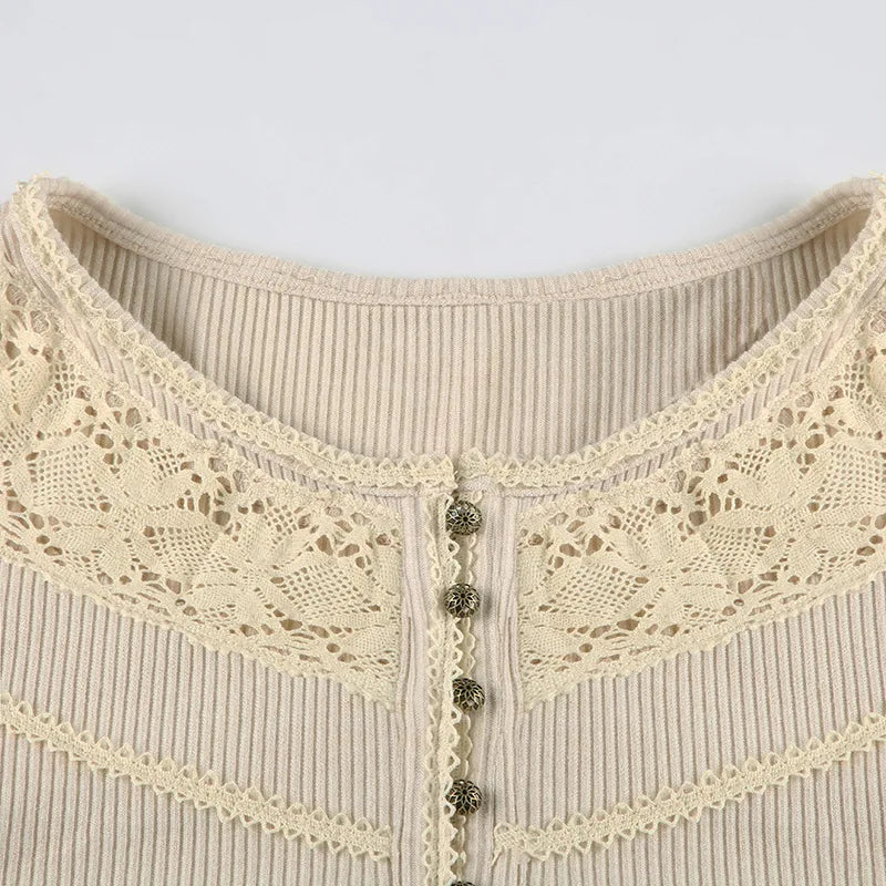 Lunivop Hollow out Crop Tops y2k Aesthetic Round necked Fairy Grunge Women Knitted Button Long Sleeve Slim TShirts Harajuku Tees Clothes