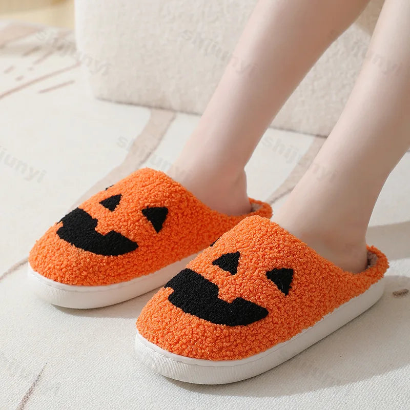 Lunivop Winter Halloween Ghost Face Pattern Cotton Slippers for Men Women Home Flats Non-slip Warm Funny Cartoon Cotton Slipper