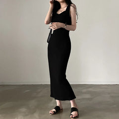 Lunivop  Korean Fashion Slim Summer Dresses Woman Casual Square Collar Sleeveless Long Dress Female Black Elegant Party Dresses