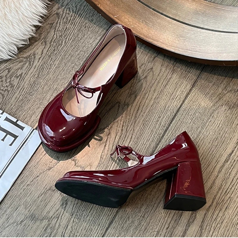 Lunivop New Fashion Bowknot Shallow Soft Sole Dress Shoes for Women High Heeled Mary Jane Single Shoes Ladies Thick Heel Ballet Shoes