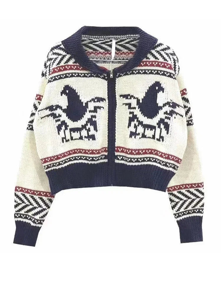 Lunivop Knitted Zip Up Cardigan Women Vintage Fair Isle Zipper Front Cropped Sweater Jacket Knitwear Autumn Winter Outfit