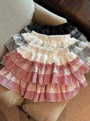 Lunivop  Sweet Lace Plaid Skirt Women High Waist Cute Vintage Mini Skirts Casual Preppy Style Patchwork Japan Kawaii Female Skirt