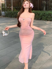 Lunivop  Women Pink Mesh Patchwork Jacquard Diamonds Sling Long Dress Summer Elegant Casual Holiday Dress Korean Bodycon Party Dress