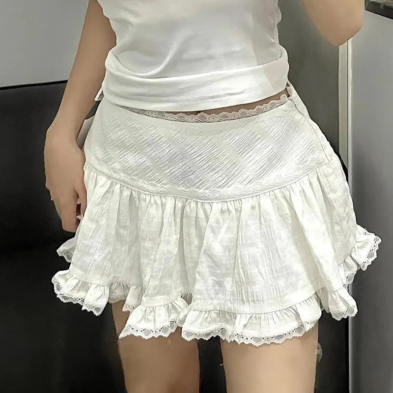 Lunivop Balletcore Ruffled Mini Skirt with Lace Trim Low Rise Tiered White Skirt Summer Women TeenGirl Y2K Goth Outfit