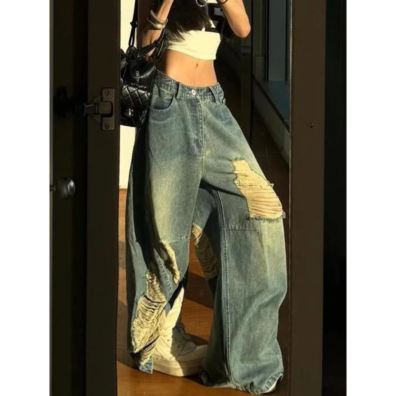Lunivop Women's Baggy Ripped Jeans Harajuku Vintage Denim Trousers Japanese 2000s Style Grunge Hip Hop Y2k Jeans Pants Oversize Clothes