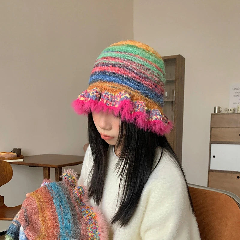 Lunivop Rainbow Knitted Hat Dopamine Fashion Retro Gradient Contrast Plush Ruffle Warmth Striped Oil Painting Woolen Fisherman Cap Decor