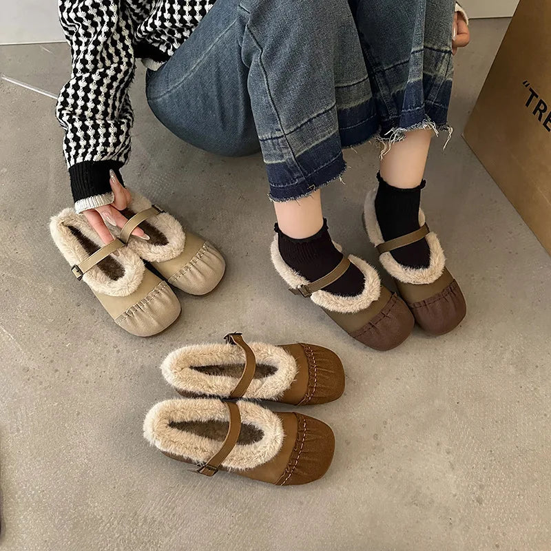 Lunivop Winter White Wool Shoes for Woman Sheep Fur Flats Fashion Buckle Mocasines Plush Cotton Snow Shoes Female Flat Mary Jane Shoes