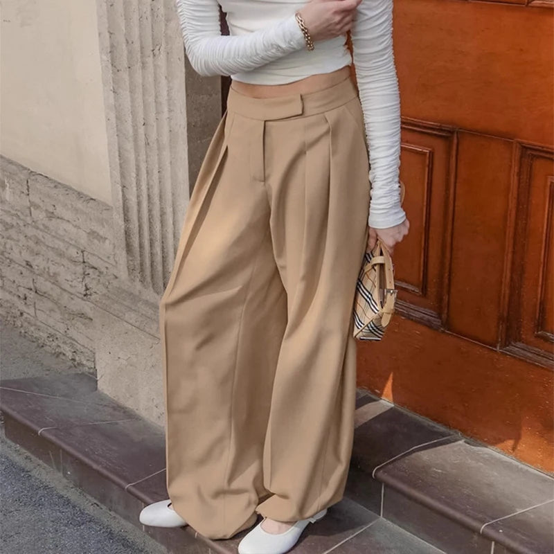 Lunivop  BKLD Fashion Suit Trousers For Women Temperament Khaki High-waist Pockets Folds Versatile Casual Straight Pants Retro Streetwear