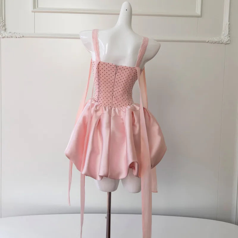 Lunivop  French Style Polka Dot Slip Women Dress Brooch Zipper Lace-Up Pearl Flower Bud Short Dresses Female 2025 Spring New