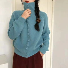 Lunivop High Neck Button Down Cardigan Women Long Sleeve Knitted Sweater Jacket Cozy Knitwear Teen-girl Fall Winter Basic Chic Knitwear