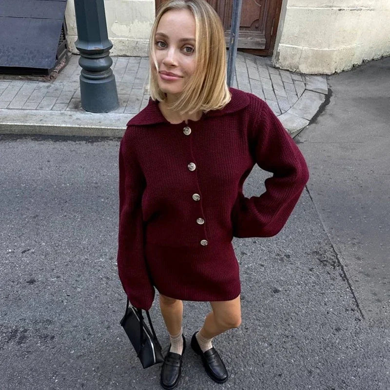 Lunivop Women's Knitted Suit Lapel Flare Sleeve Cardigan Skirt Autumn Winter New Fashion Solid Slim Female Sweater Two Piece Sets