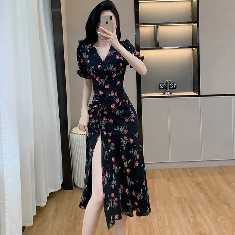 Lunivop  Women Elegant Long One-piece Dress Gown Summer Black Floral Puff Sleeve V-Neck Luxury Dress 2025 Korean Bodycon Festival Dresses
