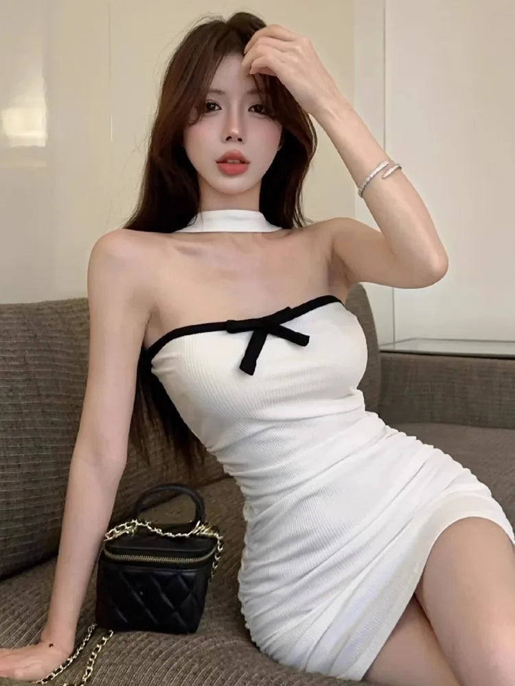 Lunivop  Woman Dress Sexy Sleeveless Bow Halter Backless Summer Fashion New Slim Elegant Party Mini Dresses Female Club Chic