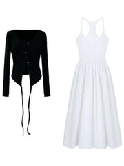 Lunivop  Black Long Sleeve Sun Protection Coat Women+ Sexy Slim Waist White Camisole Vest Dresses 2025 Summer New Two Piece Sets