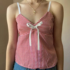 Lunivop  Kawaii American Girl Plaid Bow Sweet Suspender Vest Plaid Lace Strapless Blouse Y2k Design All-match Girls Camisole
