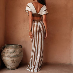 Lunivop  Fashion Style Brown and White Stripe Tie Up Top Long Skirt Suit Knitting See-Through Beach Vacation Swimsuit Cover Up