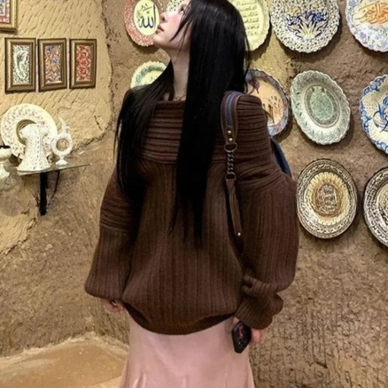 Lunivop Sexy Vintage Grey Sweaters Women Off Shoulder Korean Style Jumper Elegant Slash Neck Harajuku Long Sleeve Pullovers